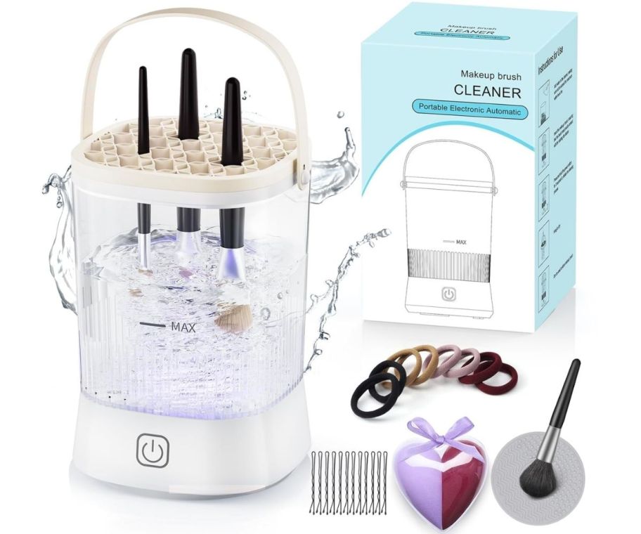 electric makeup brush cleaner shown with included accessories