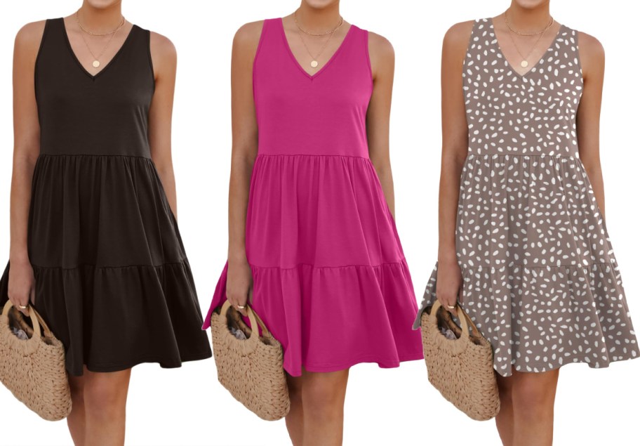 Women wearing the same amazon dress in brown, pink and patterned