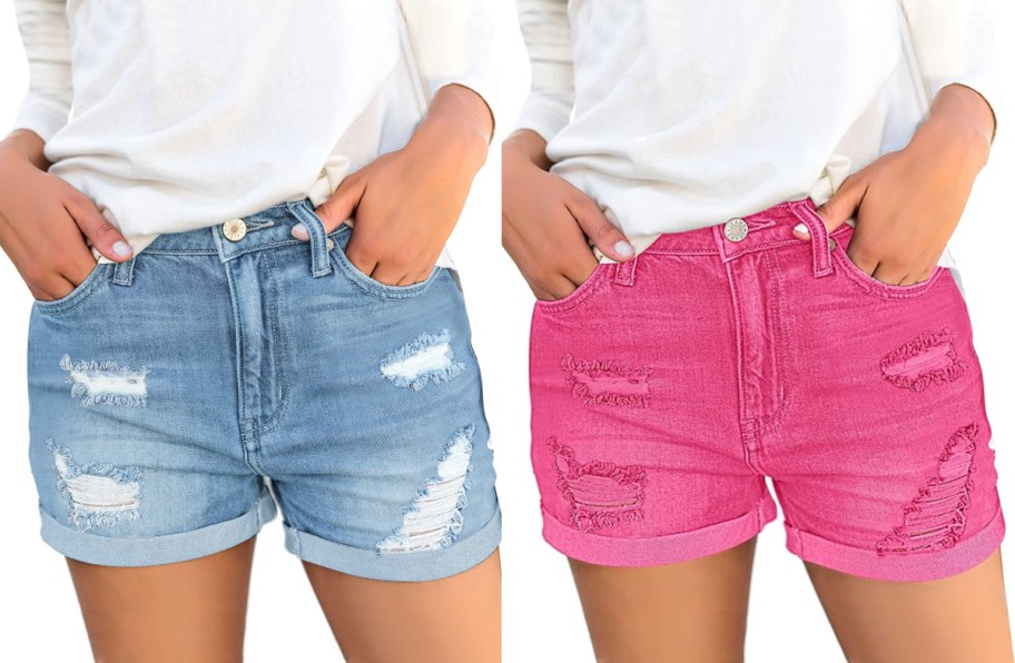 Two women wearing denim shorts in ribbed blue and pink paired with a white long sleeve shirt
