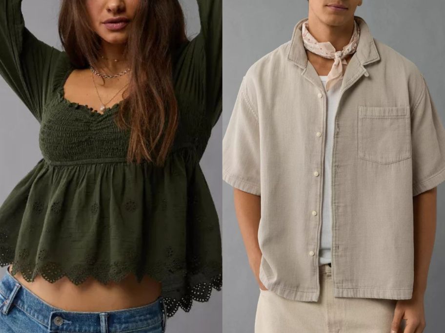 Stock images of a woman and a man wearing american eagle tops