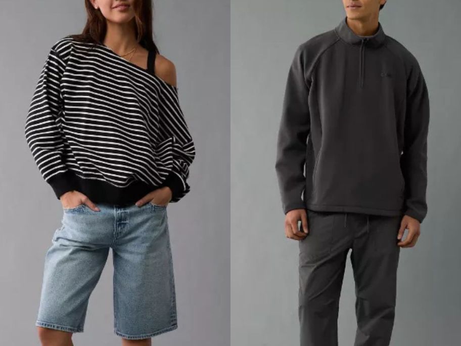 Stock images of a woman and a man wearing american eagle sweatshirts