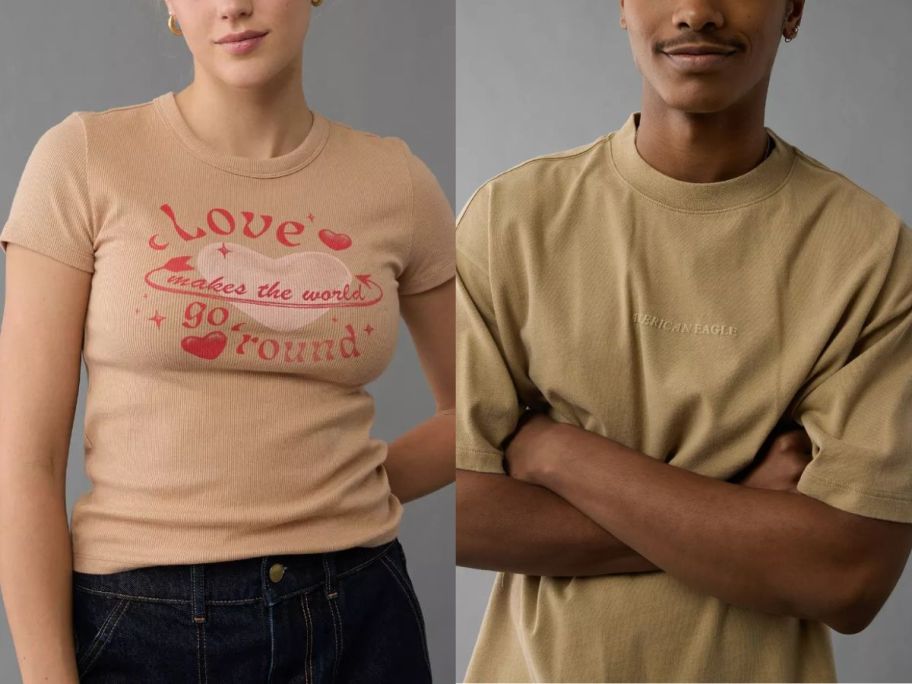 Stock images of a woman and a man wearing American Eagle tees