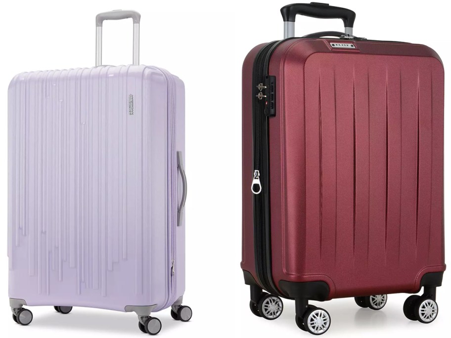 Side-by-side view of American Tourister Burst Max Quatro lavender hardside spinner luggage and Elite expandable carry-on spinner luggage in burgundy, both with 4-wheel spinners and telescoping handles.