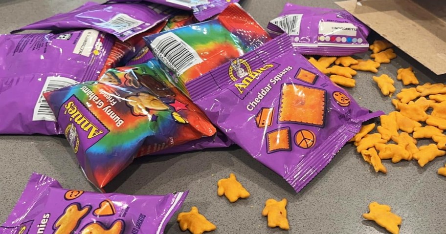 purple packs of annies snacks and cheddar bunnies on counter