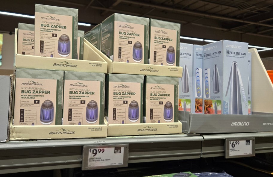 Rechargable bug zapper displayed on a ALDIs shelf next to a fan