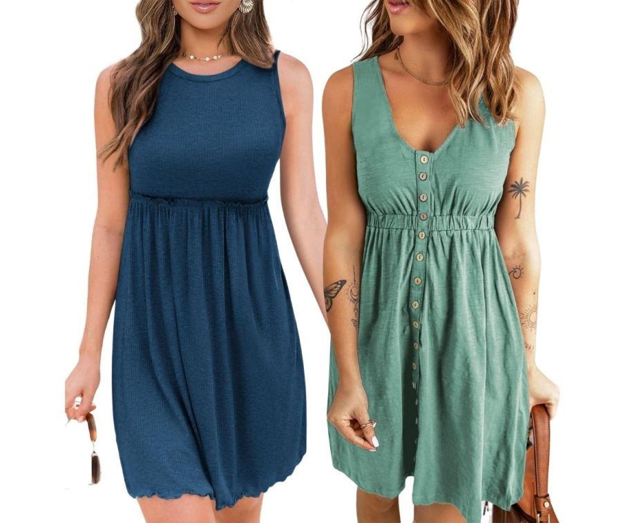 two models in sleeveless short dresses