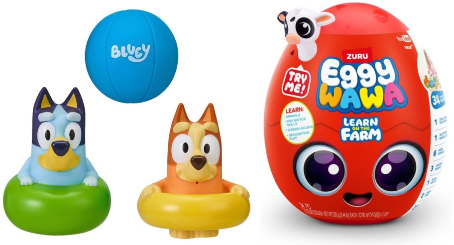 Bluey Bath Squirters 3-Pack and Eggy Wawa Learn on the Farm