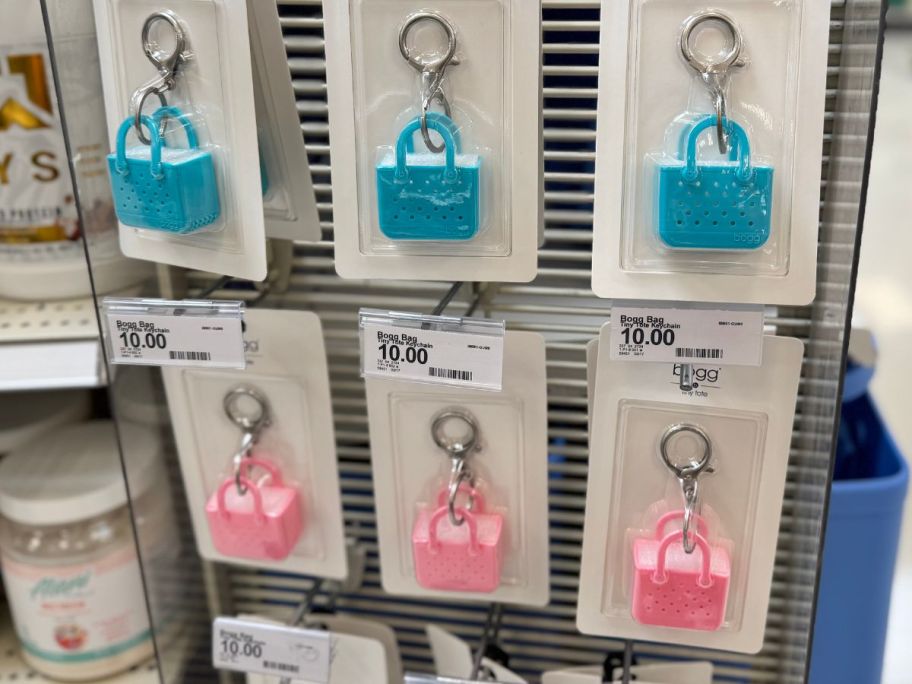 Pink and Blue Bogg Bag Keychains on the end cap at Target