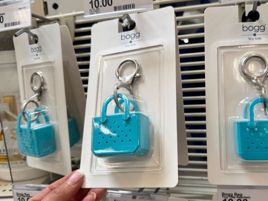 Blue Bogg Bag Keychains on the end cap at Target