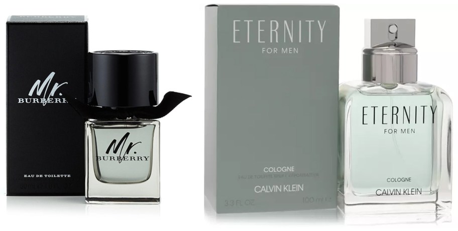 Mr. Burberry Eau de Toilette Spray 1.6oz and Calvin Klein Eternity for Men Cologne Spray 3.4oz are both shown here with their respective original packaging.