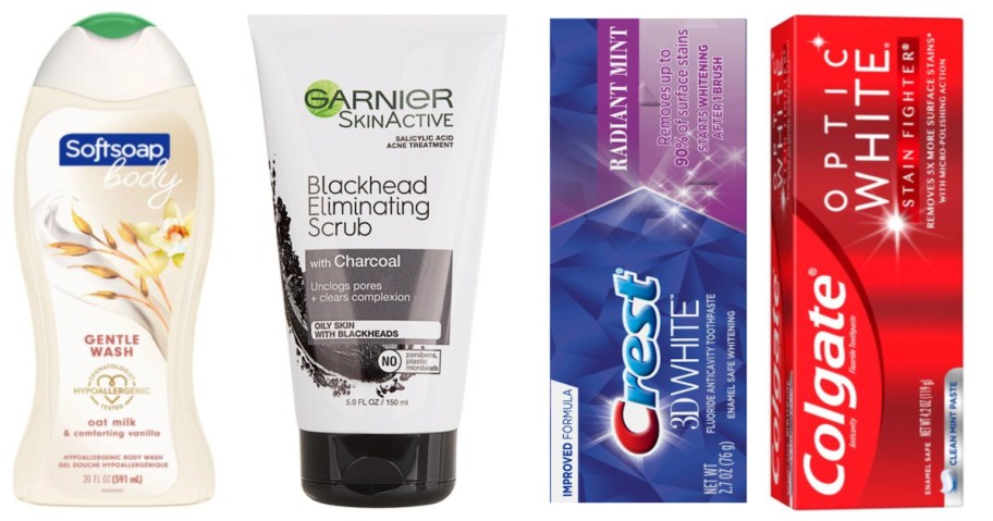 body wash, face wash and two tubes of toothpaste
