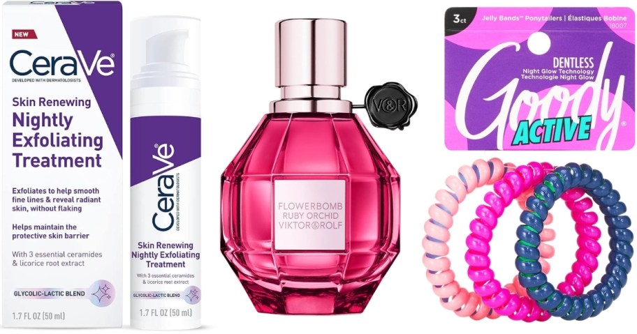 cerave exfoliating treatment, viktor rolf perfume, and goody coil hair ties