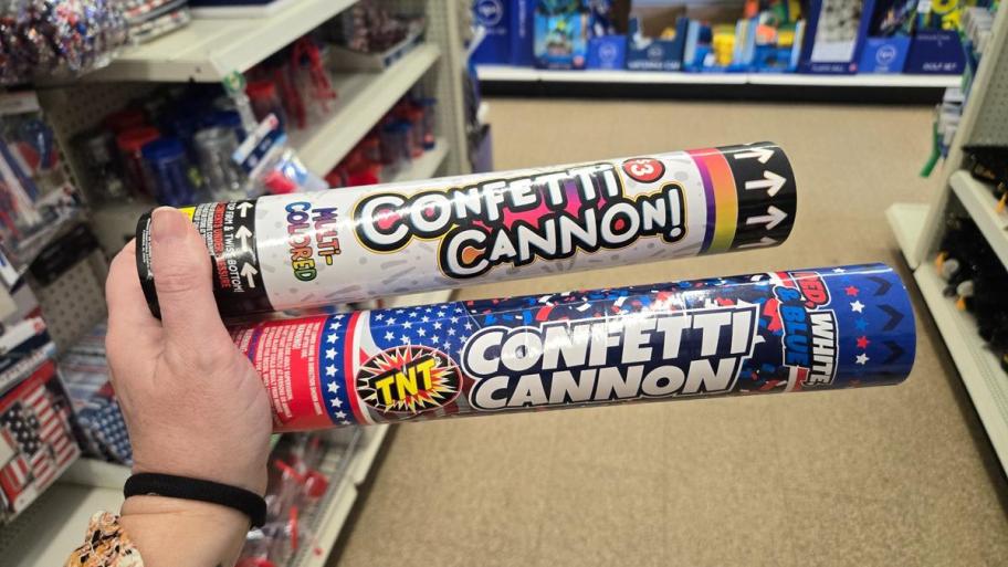 TNT confetti cannons in red, white, and blue or multicolor options for party celebrations.