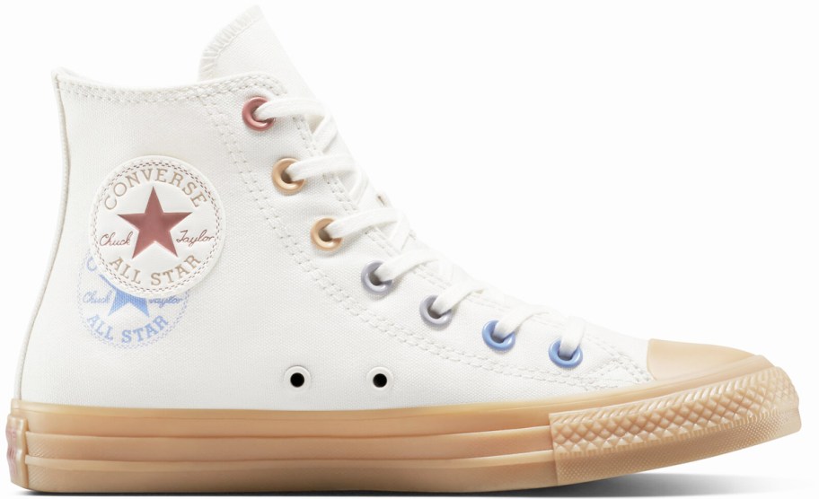 white high top converse with two patches and multi-color rivets 