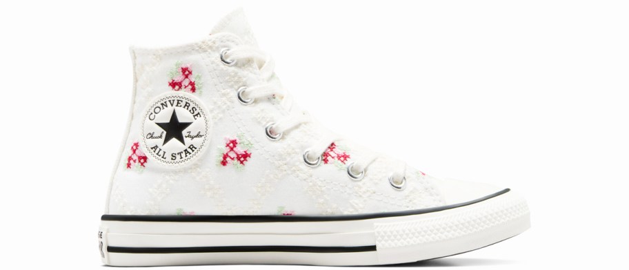 white converse high top sneaker with cross stitch rose print