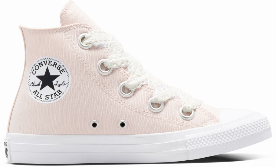 light pink high top sneaker with crochet laces