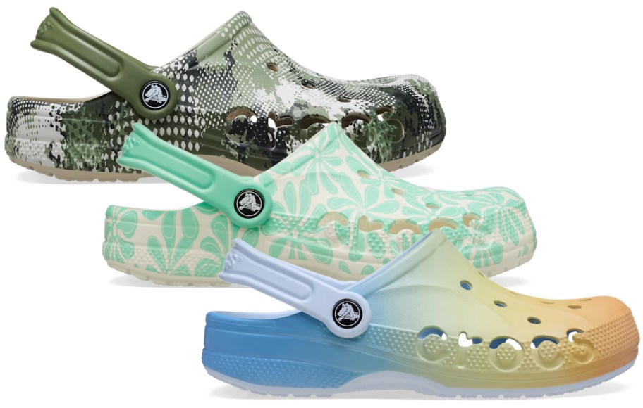 Crocs Adult Baya Seasonal Printed Clogs in cobblestone, pistachio, and ombre designs, featuring ventilation holes, pivoting heel straps, and molded logos.