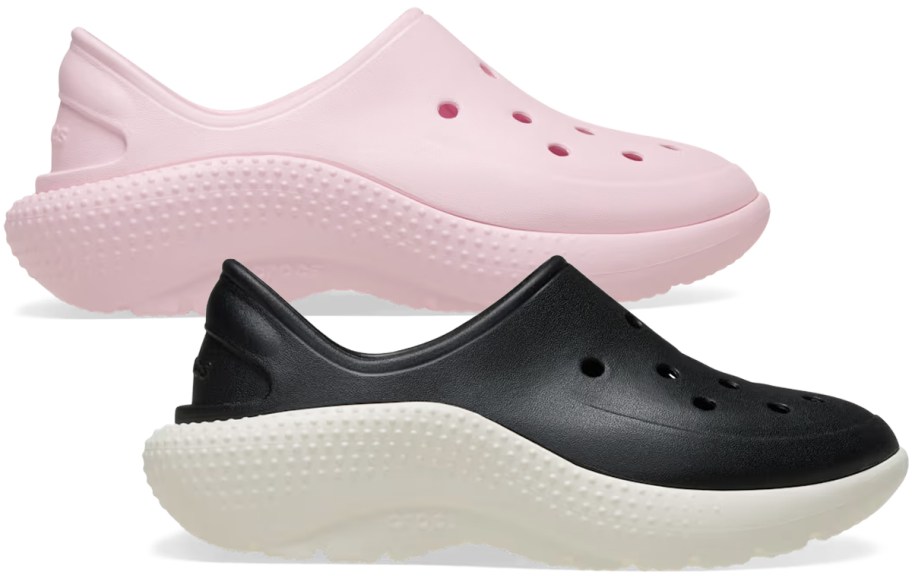 Crocs Kids' Classic Sneakers shown in light pink and black with white soles, featuring breathable perforations and textured foam outsoles.