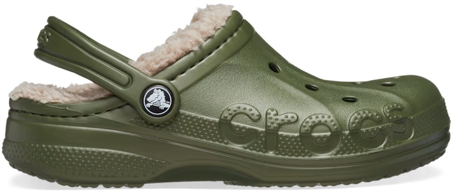 Crocs Toddler Baya Lined Clogs in olive green with fuzzy interior lining, ventilation holes, and adjustable heel strap.