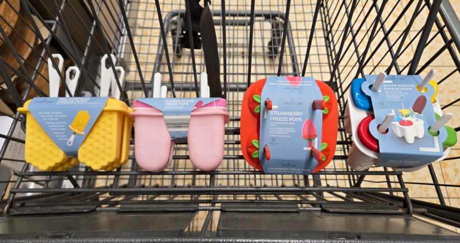 Four different types of freezer pop designs inside of ALDIs shopping cart