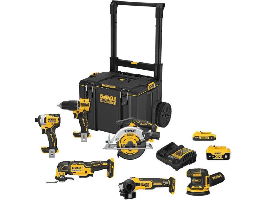 Dewalt cordless tools displayed with a tool box