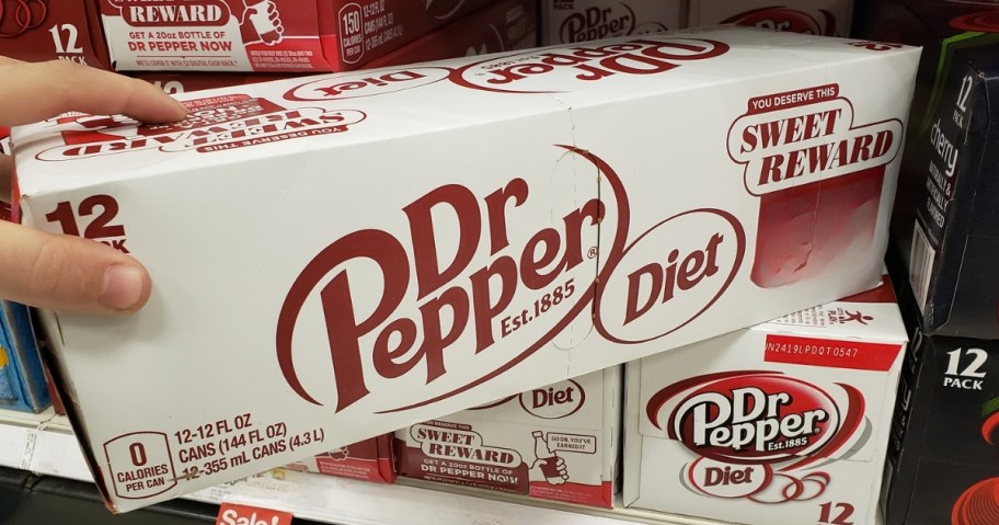 box of diet dr pepper 12-pack of cans on store shelf