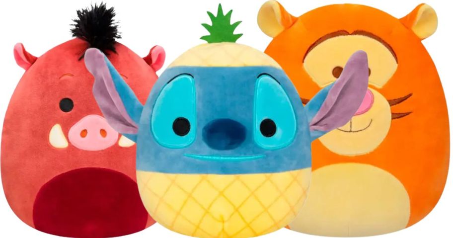3 Disney Squishmallow toys: Pumba, Stitch (in a pineapple), and Tigger