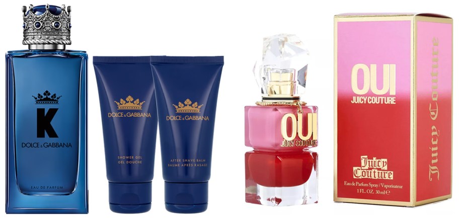 Dolce & Gabbana “K” King 3-piece gift set includes eau de parfum, shower gel, and after shave balm. Juicy Couture Oui Eau de Parfum spray is shown in a 1 oz bottle.