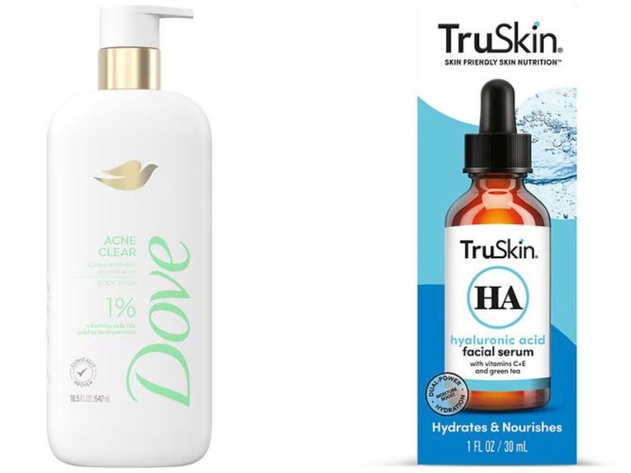 Stock image of dove serum body wash and truskin hylauronic acid