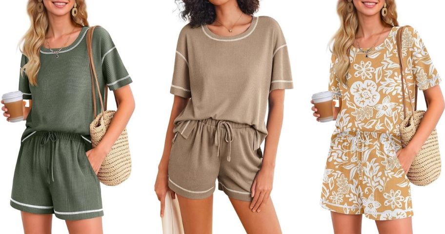 women wearing green, tan, and printed flower 2-piece waffle pajama sets