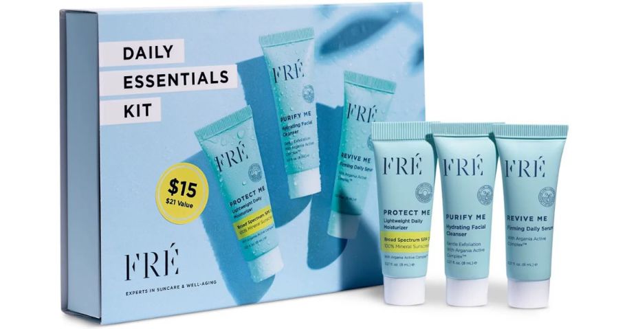 A blue box with skincare bottles and tubes in front of it 