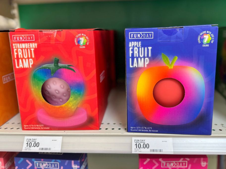 Squishy strawberry and apple lamps in boxes at Target