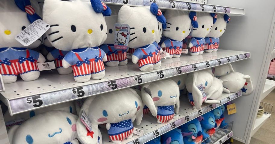 A display of patriotic Hello Kitty plush dolls