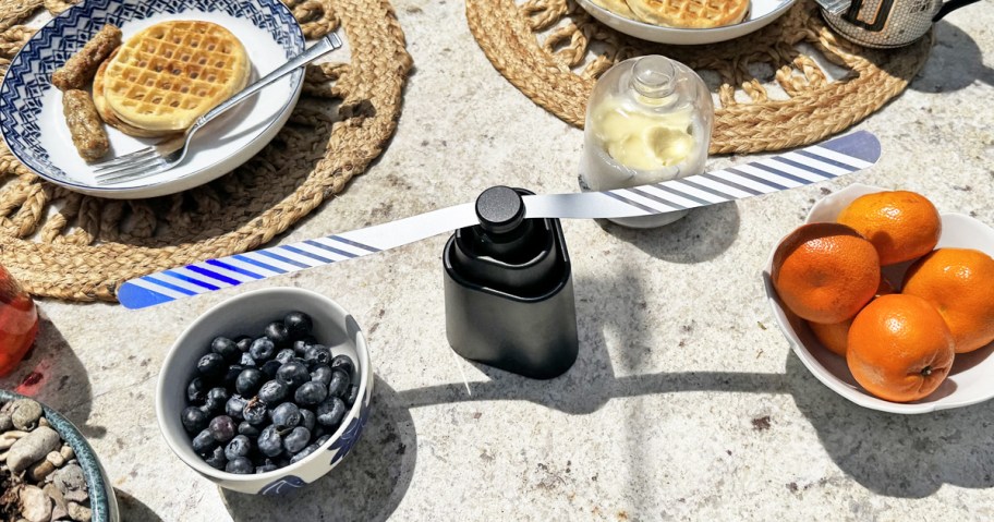fly fan on table with breakfast foods