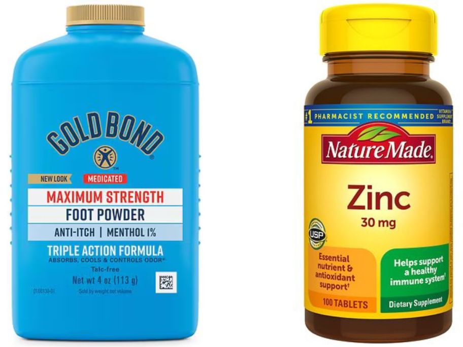 Stock images of Gold Bond Foot Powder and Nature Made Zinc