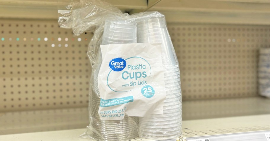 pack of Great Value clear plastic disposable cups on store shelf