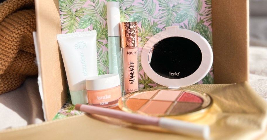 various Tarte makeup items in a box