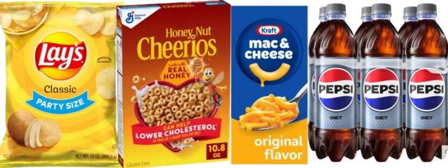Lays Potato Chips bag, Cheerios Box, Kraft Mac & Cheese box, and 6 pack of Diet Pepsi bottles