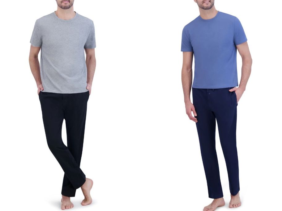 stock images of two men wearing Hanes Men's ComfortSoft Jersey Short Sleeve Tee & Pants Sleep Sets