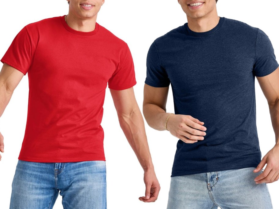 Stock images of two men wearing Hanes tees