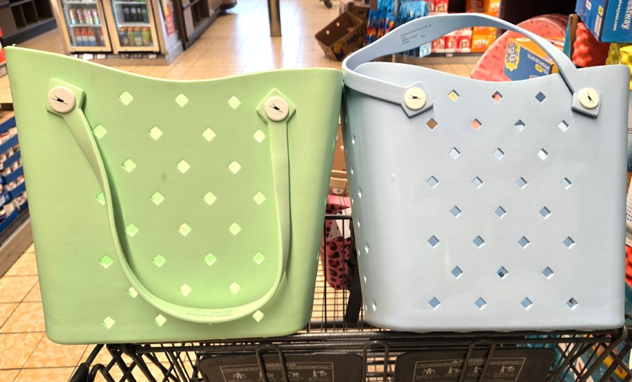 Haul It All Totes Green and Blue in a shopping cart at Aldi