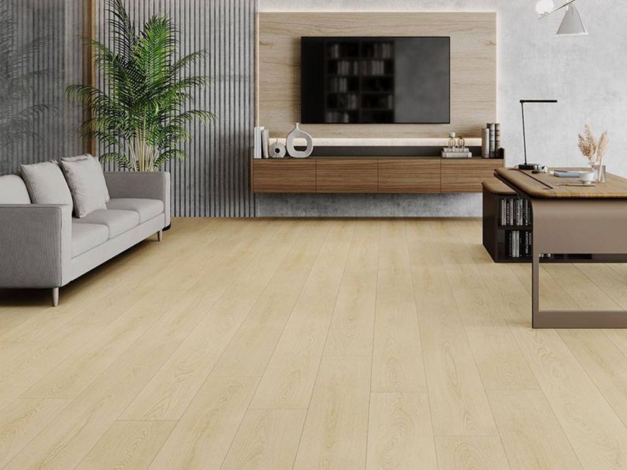 Living room with Malibu Wide Plank French Oak Lakeport Click Lock Waterproof Plank Flooring