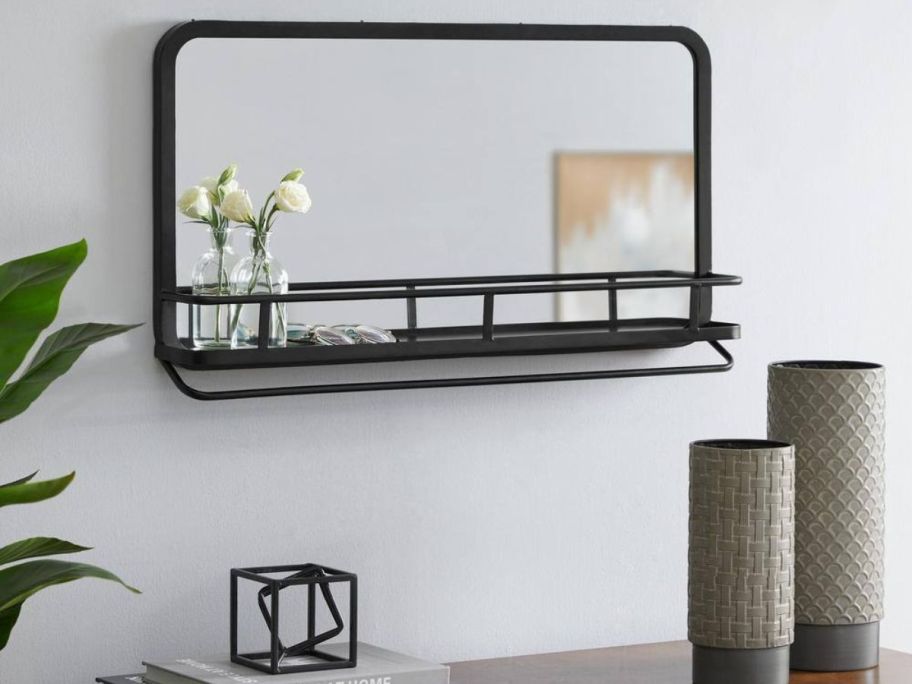Home Decorators Collection Modern Mirror w/ Shelf hanging on a wall over a dresser
