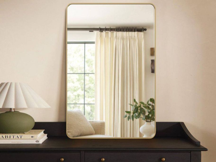 LuxHomez Rectangular Aluminum Frame Square Wall Mirror  on a dresser