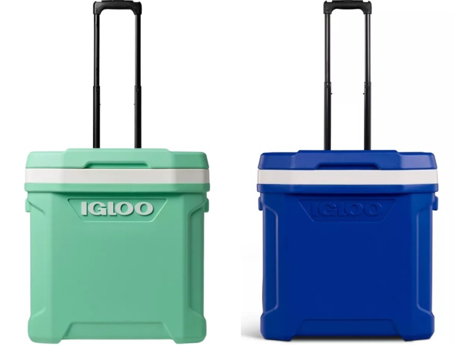 Igloo Latitude 60-Quart Rolling Coolers in seafoam and blue