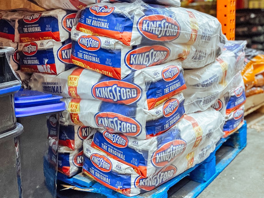stack of Kingsford Charcoal bags on pallete in store