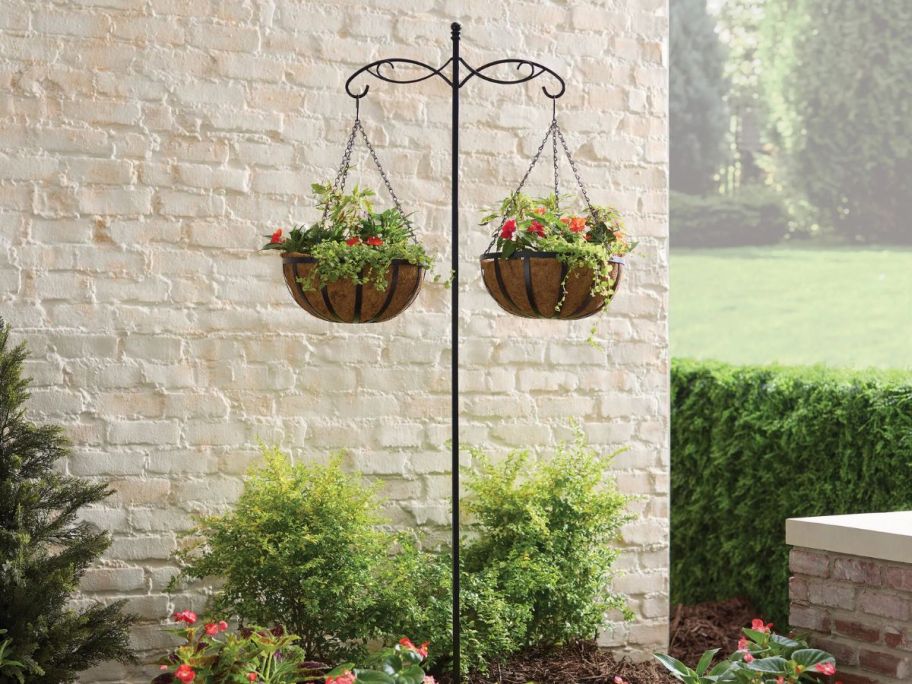 A Style Selections 84" Black Powder-Coated Metal Double Shepherd's Hook with two hanging plants on it