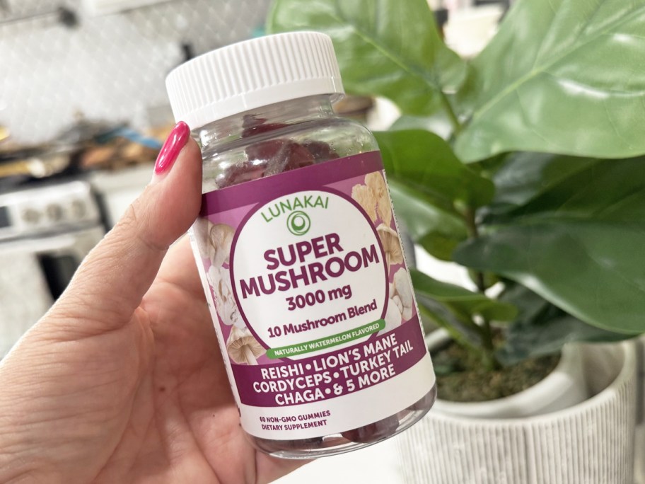 hand holding up a bottle of Lunakai Super Mushroom Gummies