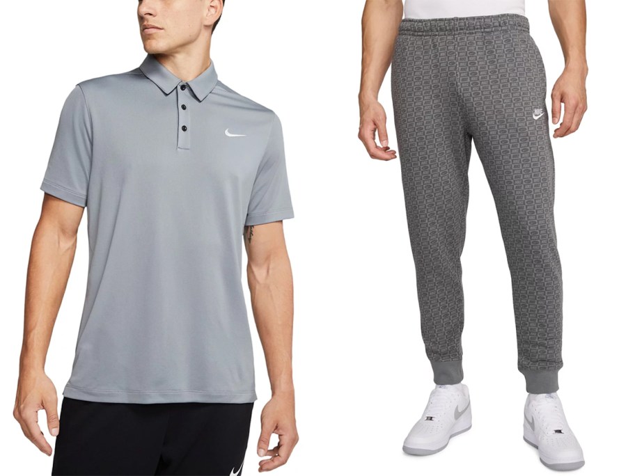 Man wearing a grey Nike Dri-FIT Football Polo and man wearing grey Nike Sportswear Club Monogram Joggers