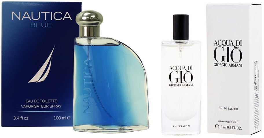 Nautica Blue Eau de Toilette 3.4oz spray and Acqua di Giò by Giorgio Armani Eau de Parfum 0.5oz spray, both displayed with their original packaging.